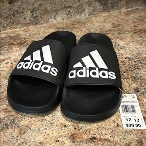 NWT Men’s 12 adidas Adilette Black Slides with White Logo Slip-Ons
